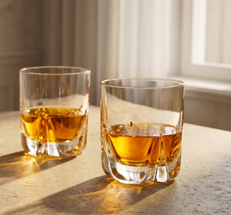 KANPURA Drinking glasses, 250ml Heavy Base Crystal Whiskey Tumblers, Thick Embossed Bottom Clear Glass Cups for Bourbon Scotch Cocktail Water Juice