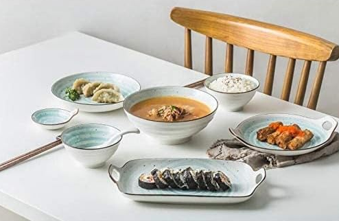 KANPURA Crockery Set, Complete Dinner Dishes, Saucers, Cereal Bowls, Serving Bowls & Handled Trays, Swirl Speckled Light Blue Porcelain Tableware, Rustic Kitchen Crockery for Family Daily Dining