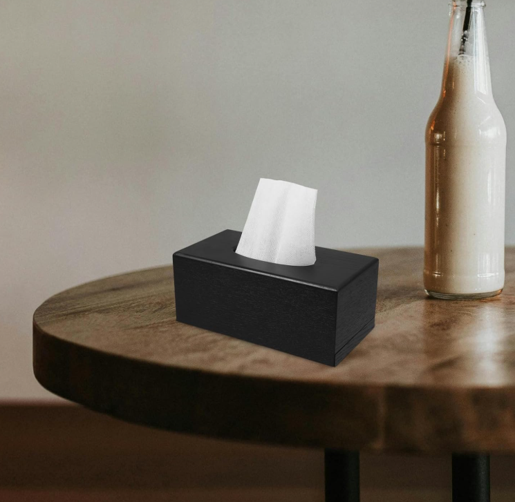 QFkris Wooden Texture Boxes for dispensing paper towels for household use, Black Rectangular Tissue Box Holder with Side Sliding Cover for Kitchen Bathroom Countertop