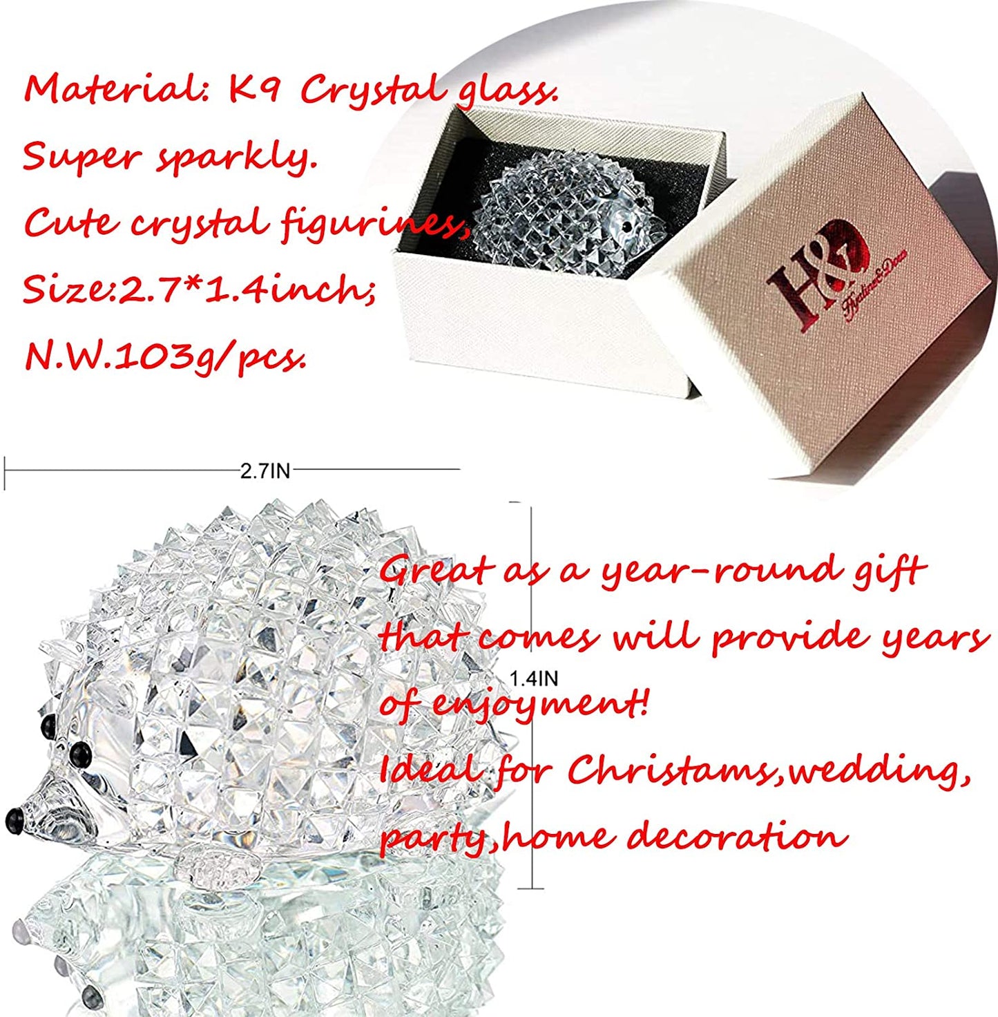 H&D HYALINE &DORA Cut Clear Crystal Hedgehog Animal Figurine Collection Glass Ornament