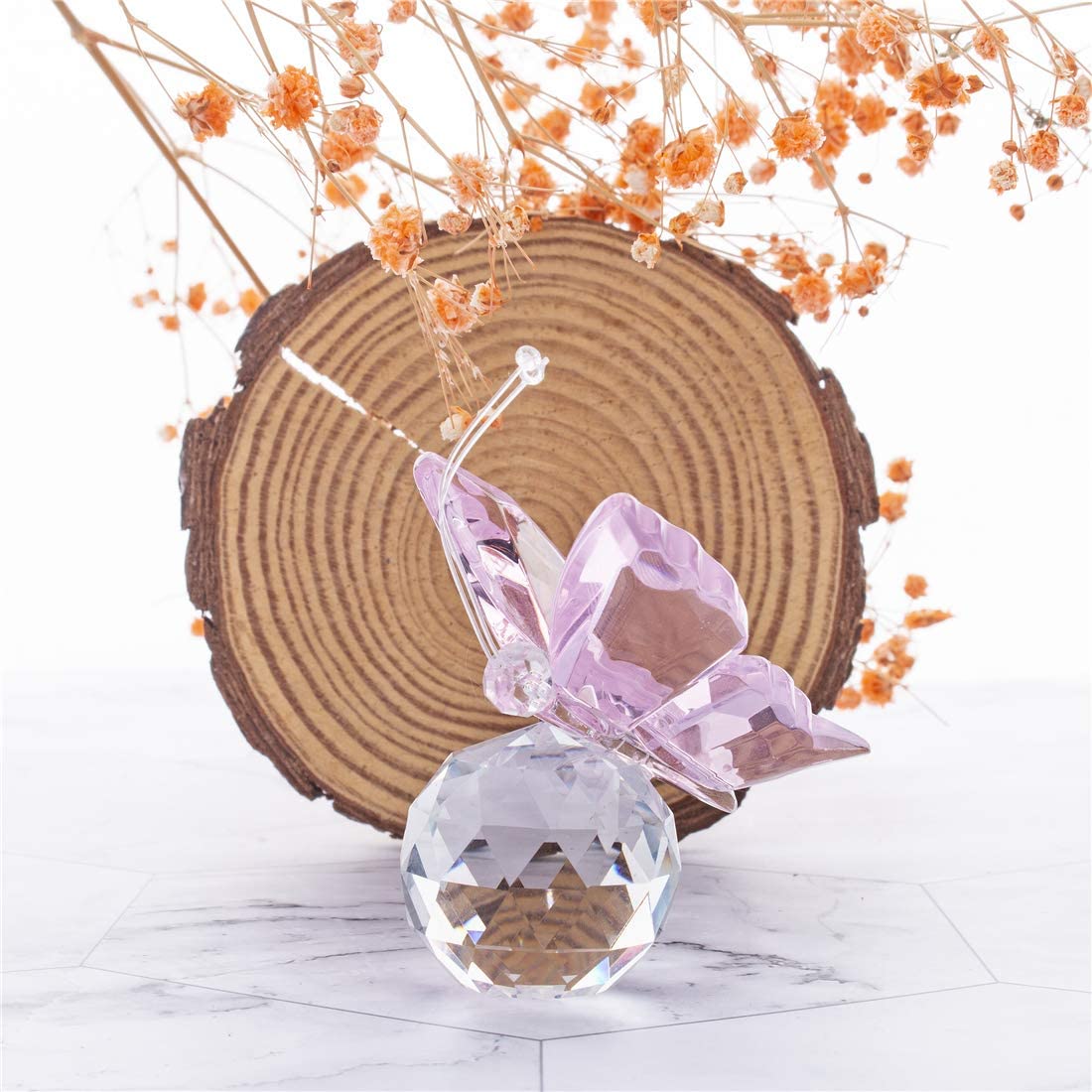 H&D HYALINE & DORA Pink Crystal Flying Butterfly Figurine with Crystal Ball Base Collection