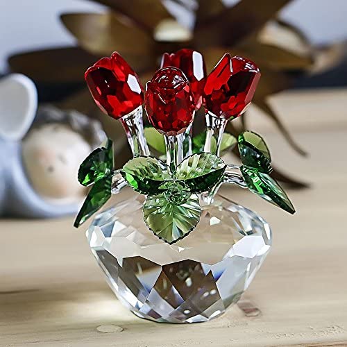 H&D HYALINE & DORA Red Rose Figurine Ornament Spring Bouquet Crystal Glass Flowers Gift-Boxed