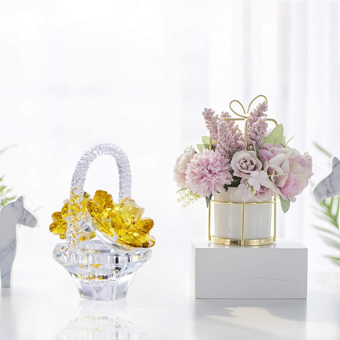 H&D HYALINE & DORA Crystal Flower Basket Figurine Collectible Home Decor Tabletop Gift