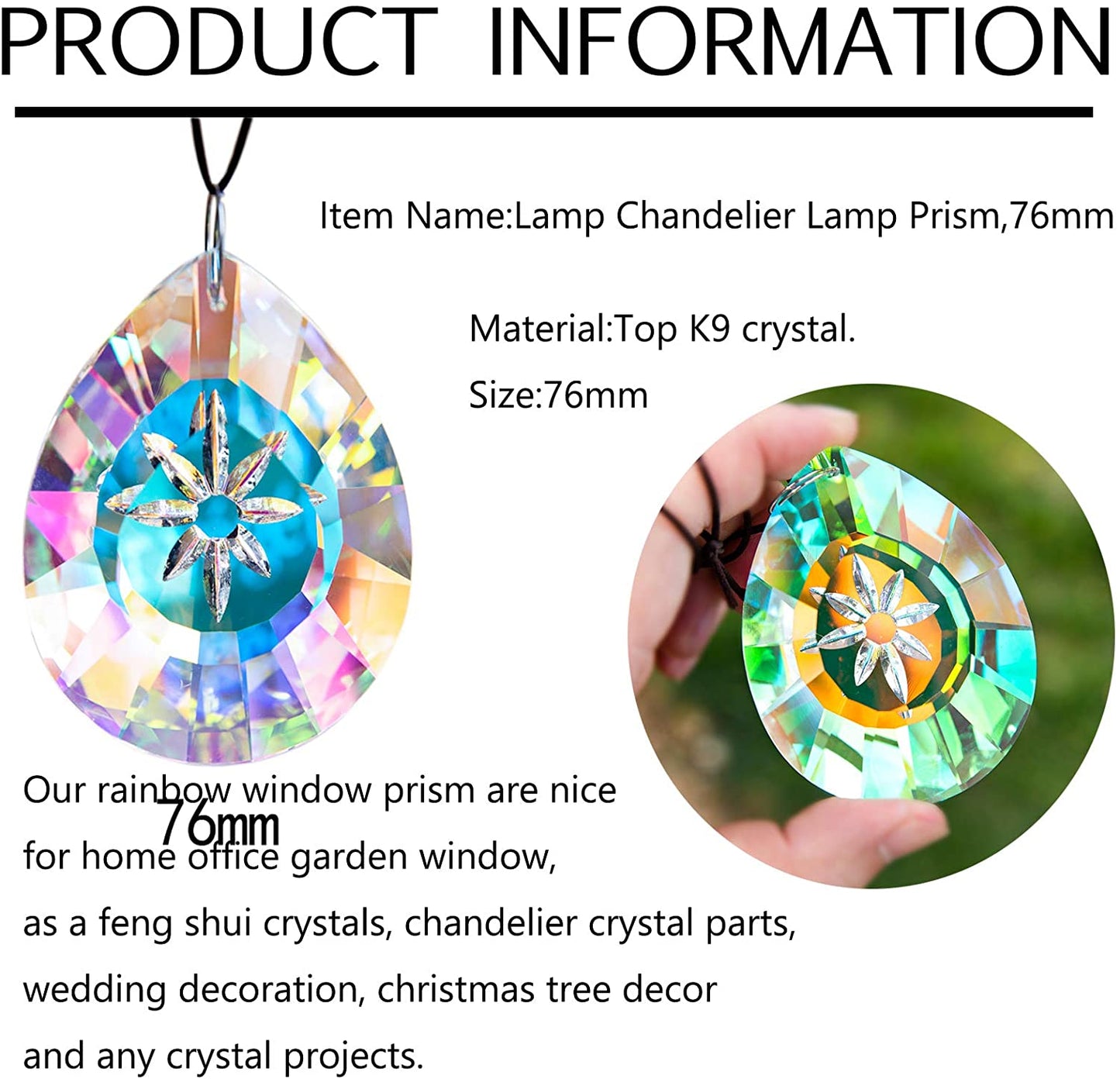 H&D HYALINE & DORA 3in Crystal Rainbow Sun Catcher Window Glass Drop Pendant
