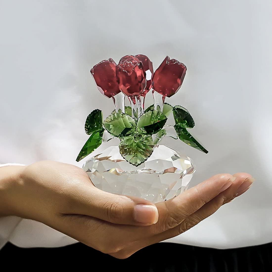 H&D HYALINE & DORA Red Rose Figurine Ornament Spring Bouquet Crystal Glass Flowers Gift-Boxed