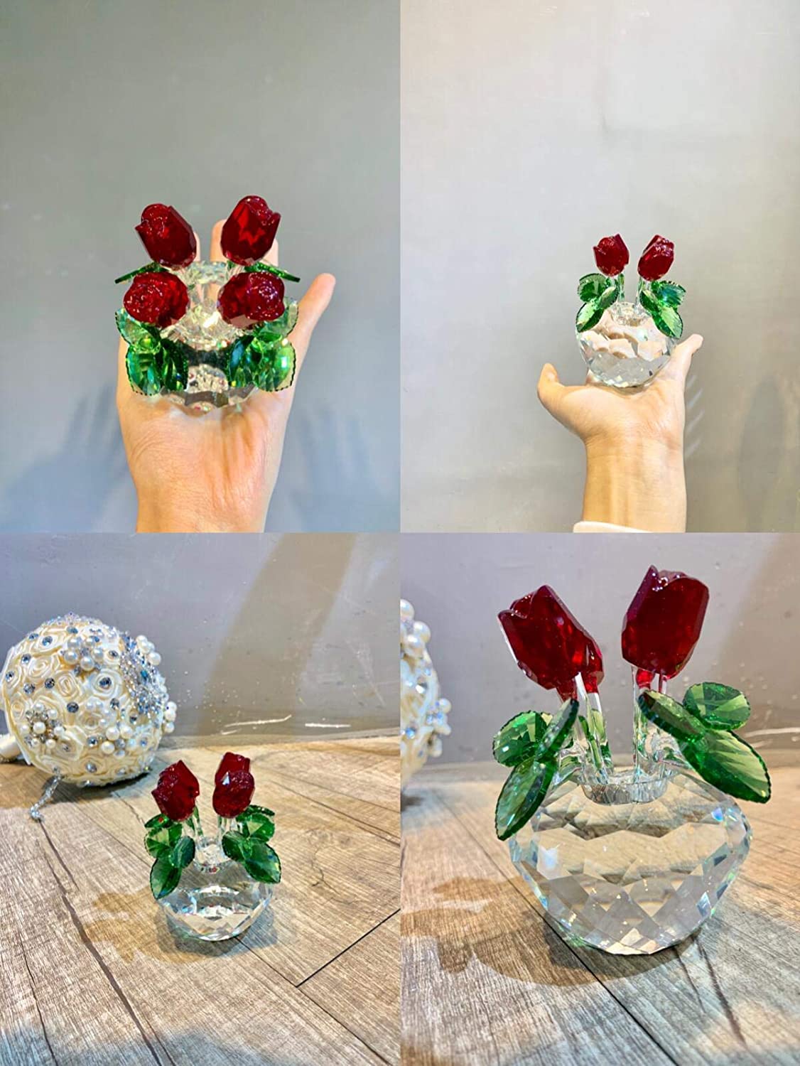 H&D HYALINE & DORA Red Rose Figurine Ornament Spring Bouquet Crystal Glass Flowers Gift-Boxed