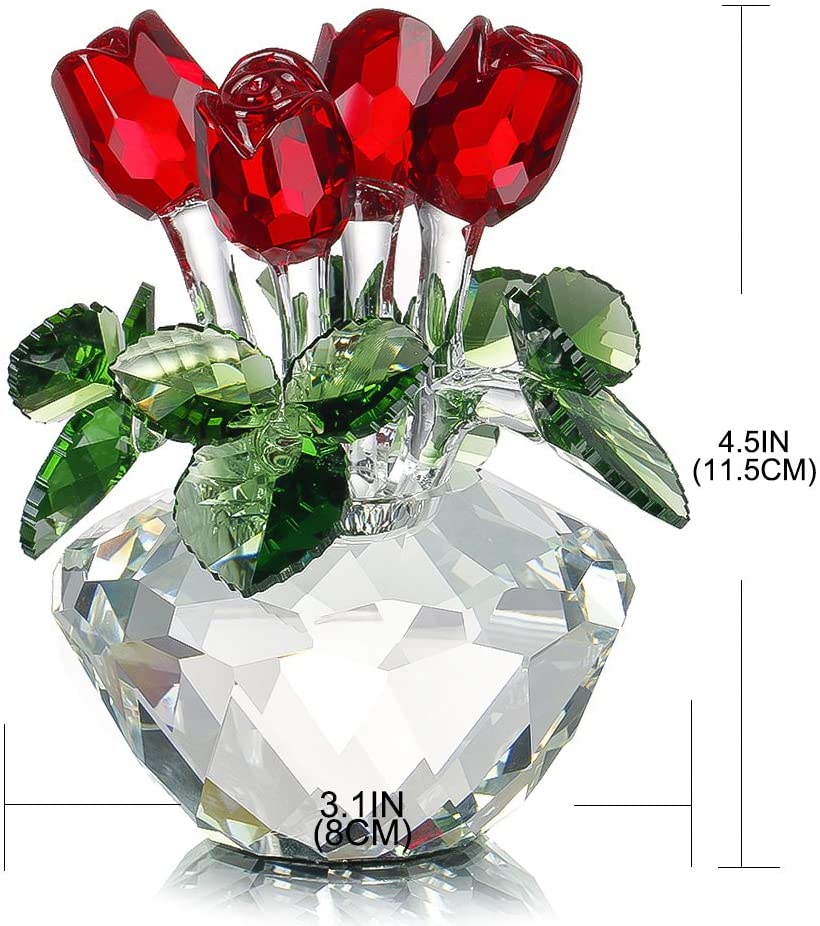H&D HYALINE & DORA Red Rose Figurine Ornament Spring Bouquet Crystal Glass Flowers Gift-Boxed