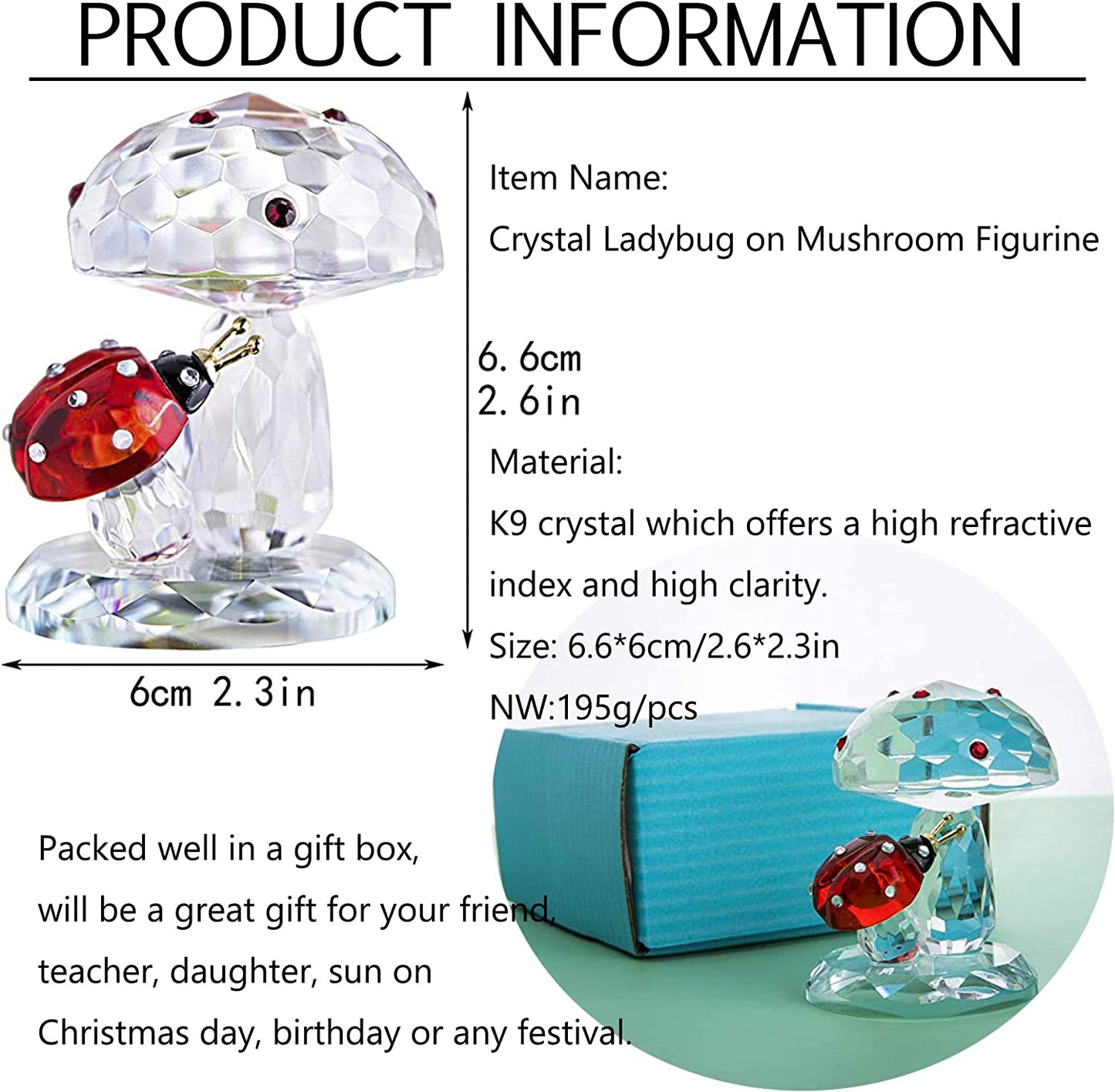 H&D HYALINE & DORA Crystal Ladybug Figurine on Mushroom Figurine Home Table Decor Collectible
