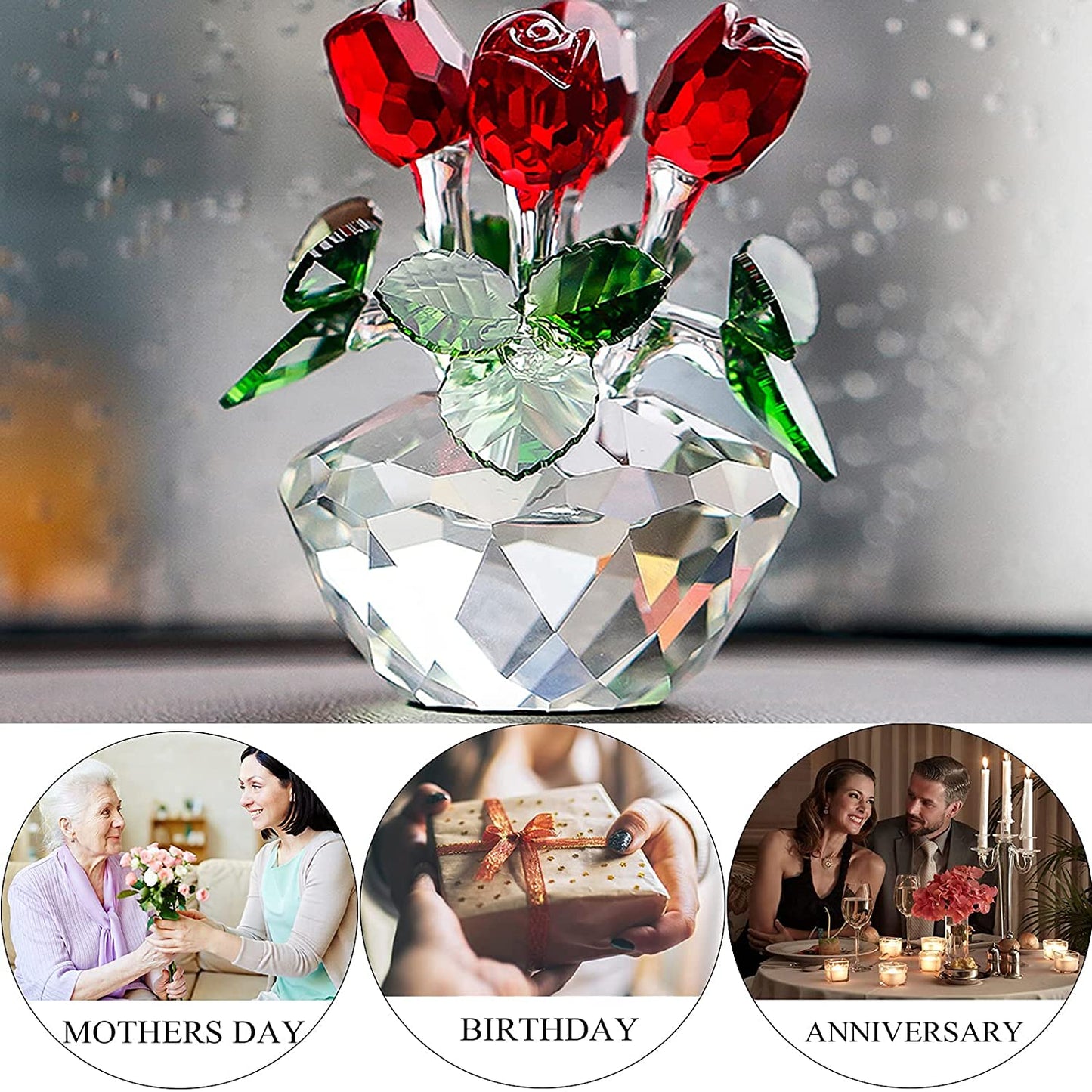 H&D HYALINE & DORA Red Rose Figurine Ornament Spring Bouquet Crystal Glass Flowers Gift-Boxed