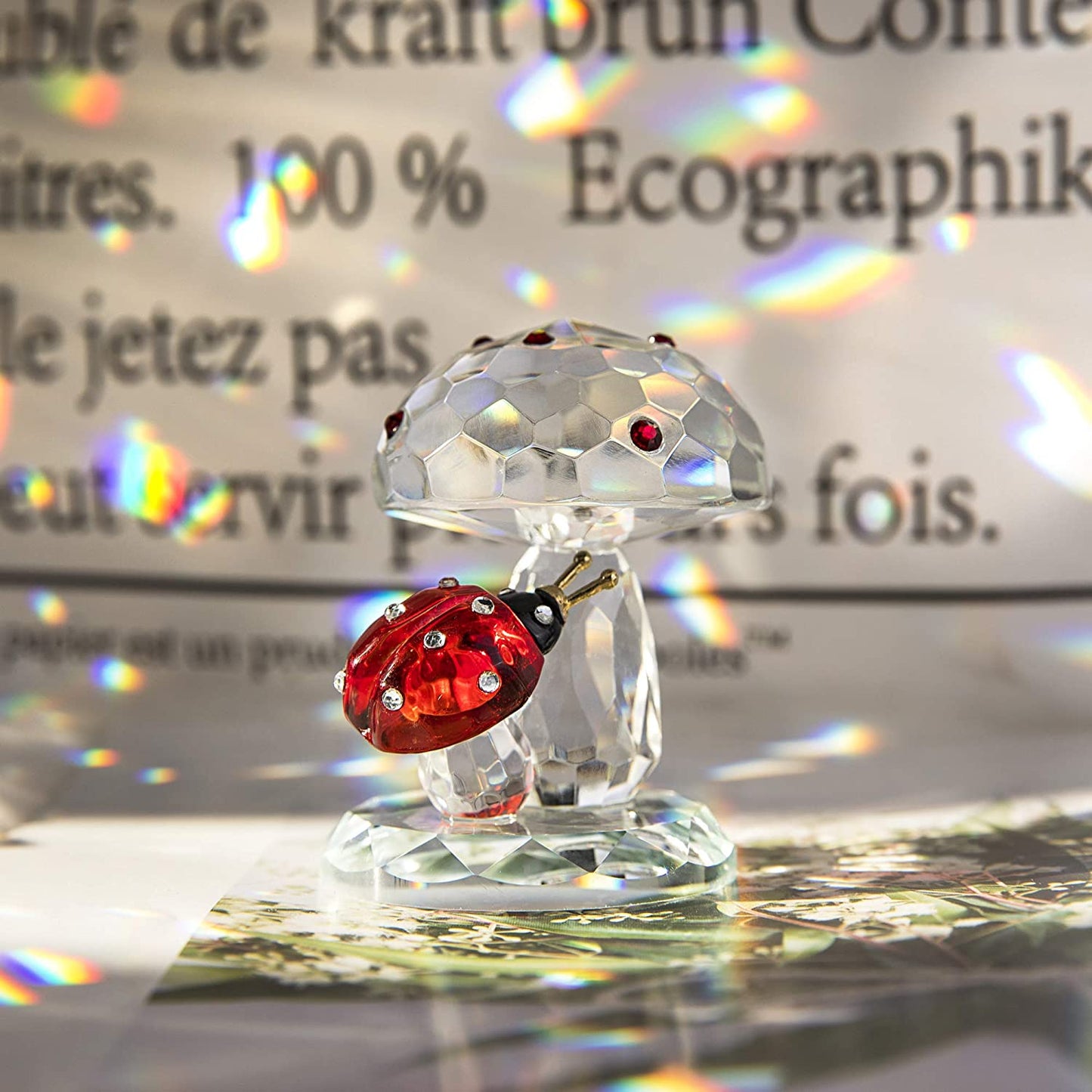 H&D HYALINE & DORA Crystal Ladybug Figurine on Mushroom Figurine Home Table Decor Collectible