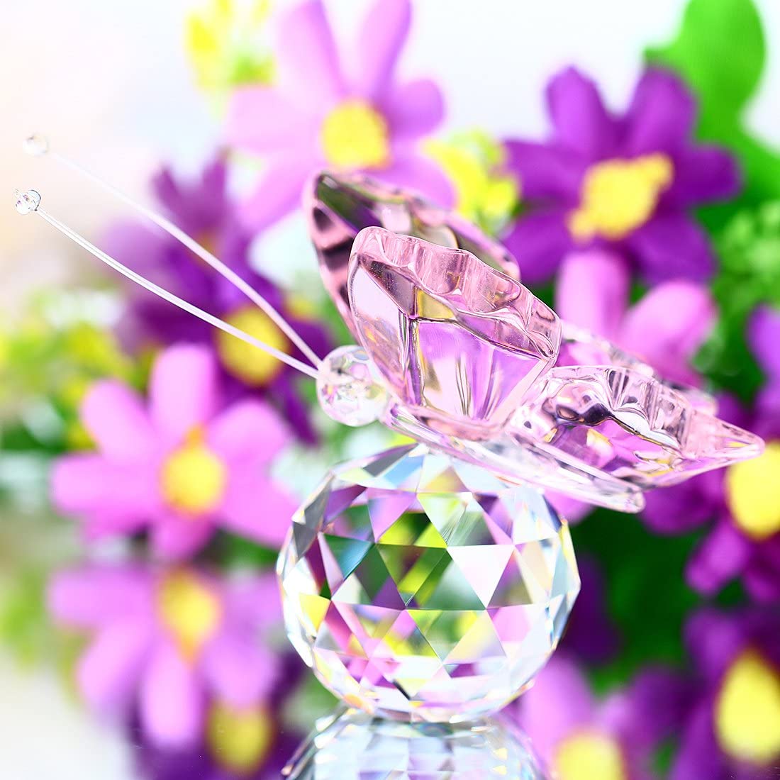 H&D HYALINE & DORA Pink Crystal Flying Butterfly Figurine with Crystal Ball Base Collection