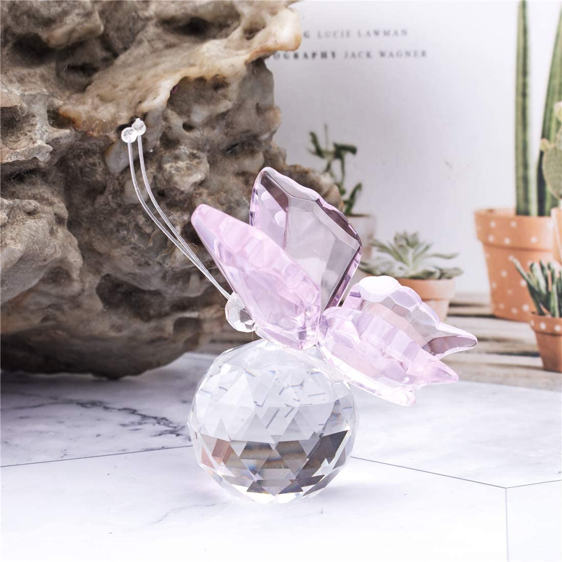 H&D HYALINE & DORA Pink Crystal Flying Butterfly Figurine with Crystal Ball Base Collection
