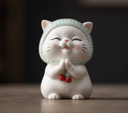 KANPURA Ceramic Works of art of china, Small White Porcelain Cat Sculpture, Adorable Blessing Kitten Ceramic Ornament for Home Cabinet Shelf Display