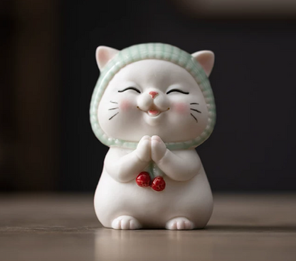 KANPURA Ceramic Works of art of china, Small White Porcelain Cat Sculpture, Adorable Blessing Kitten Ceramic Ornament for Home Cabinet Shelf Display