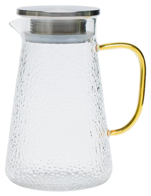 QFkris Glass Pitcher, 1300ml Hammered Textured Water Pitcher with Gold Handle & Stainless Steel Filter Lid, High Borosilicate Clear Glass Carafe for Iced Tea Juice Lemonade