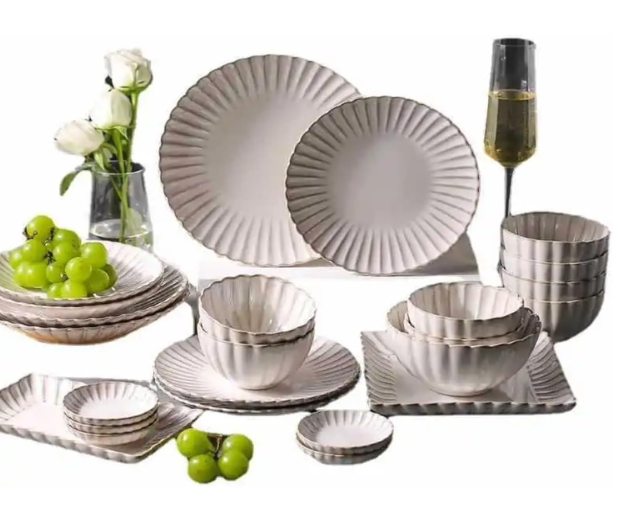 QFkris Premium Crockery Dinnerware Set, Vintage Fluted Rim Stoneware Plates Bowls Serving Trays Complete Set, Elegant Ceramic Tableware Gift for Housewarming Wedding