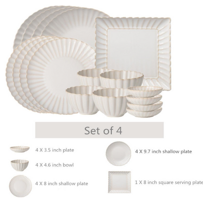 QFkris Premium Crockery Dinnerware Set, Vintage Fluted Rim Stoneware Plates Bowls Serving Trays Complete Set, Elegant Ceramic Tableware Gift for Housewarming Wedding