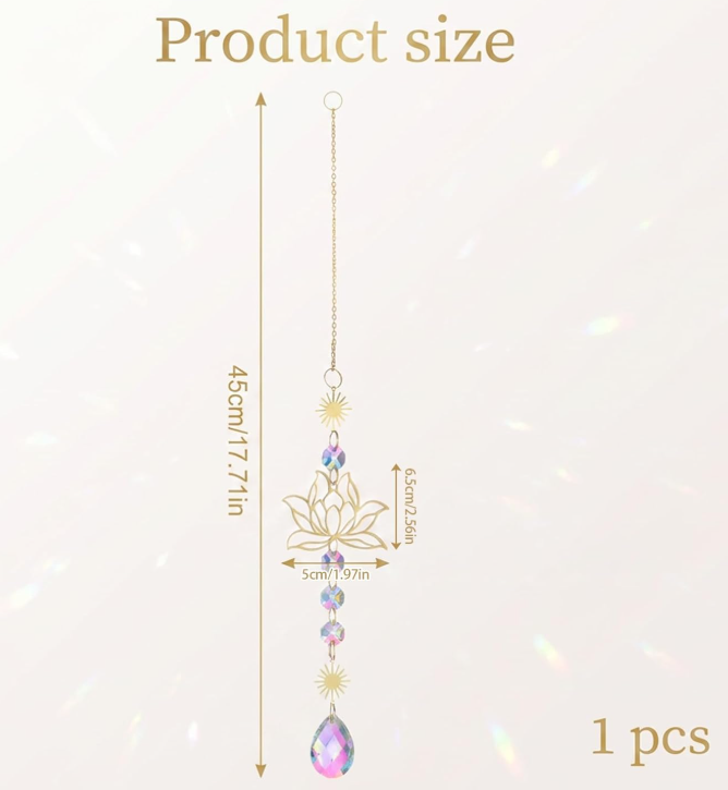 QFkris Works of Art of Crystal, Gold Metal Lotus Suncatcher Hanging Ornament, Iridescent Prism Crystal Window Sun Catcher, Boho Light Refraction Wall Art Decor