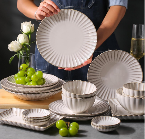 QFkris Premium Crockery Dinnerware Set, Vintage Fluted Rim Stoneware Plates Bowls Serving Trays Complete Set, Elegant Ceramic Tableware Gift for Housewarming Wedding