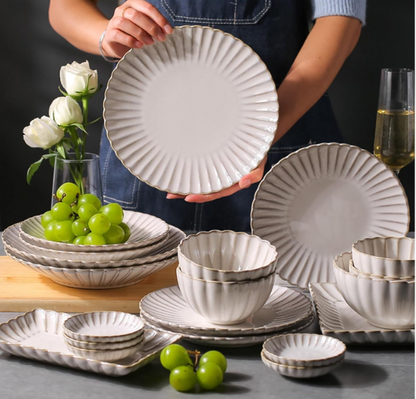 QFkris Premium Crockery Dinnerware Set, Vintage Fluted Rim Stoneware Plates Bowls Serving Trays Complete Set, Elegant Ceramic Tableware Gift for Housewarming Wedding