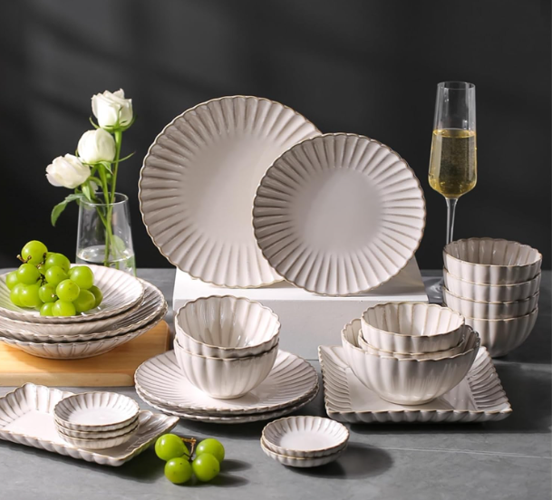 QFkris Premium Crockery Dinnerware Set, Vintage Fluted Rim Stoneware Plates Bowls Serving Trays Complete Set, Elegant Ceramic Tableware Gift for Housewarming Wedding