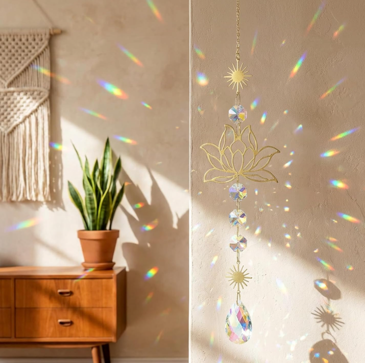 QFkris Works of Art of Crystal, Gold Metal Lotus Suncatcher Hanging Ornament, Iridescent Prism Crystal Window Sun Catcher, Boho Light Refraction Wall Art Decor