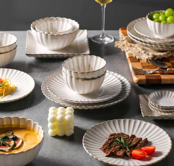 QFkris Premium Crockery Dinnerware Set, Vintage Fluted Rim Stoneware Plates Bowls Serving Trays Complete Set, Elegant Ceramic Tableware Gift for Housewarming Wedding