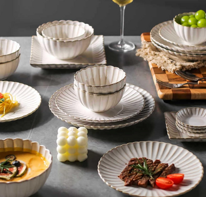 QFkris Premium Crockery Dinnerware Set, Vintage Fluted Rim Stoneware Plates Bowls Serving Trays Complete Set, Elegant Ceramic Tableware Gift for Housewarming Wedding