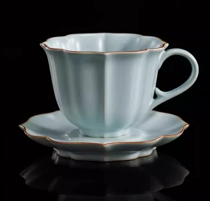 QFkris Premium Crockery Tableware, Handcrafted Petal Shape Celadon Porcelain Cup & Saucer, Elegant Oriental Ceramic Crockery Gift for Tea Lovers