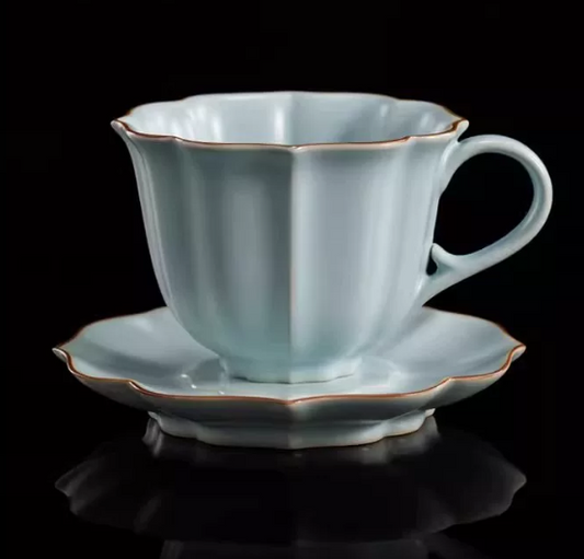 QFkris Premium Crockery Tableware, Handcrafted Petal Shape Celadon Porcelain Cup & Saucer, Elegant Oriental Ceramic Crockery Gift for Tea Lovers