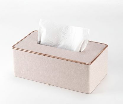 KANPURA Boxes for dispensing paper towels for household use, Light Linen Textured Rectangular Tissue Box Holder with Gold Trim, Flip Top Decorative Napkin Dispenser for Kitchen Bathroom Tabletop