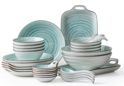 KANPURA Crockery Set, Complete Dinner Dishes, Saucers, Cereal Bowls, Serving Bowls & Handled Trays, Swirl Speckled Light Blue Porcelain Tableware, Rustic Kitchen Crockery for Family Daily Dining