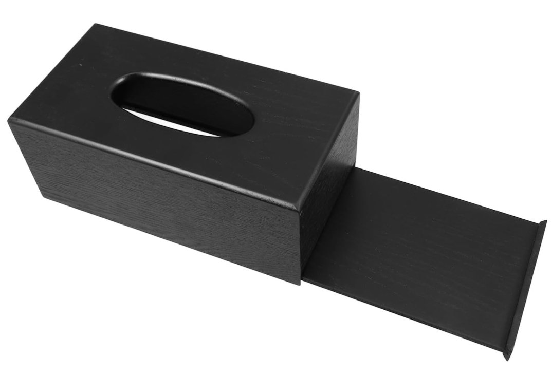 QFkris Wooden Texture Boxes for dispensing paper towels for household use, Black Rectangular Tissue Box Holder with Side Sliding Cover for Kitchen Bathroom Countertop