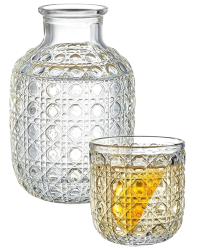 QFkris Embossed Glass Pitchers Set, Vintage Diamond Textured Beverage Carafe with Matching Drinking Cup for Juice Water Whiskey Iced Tea