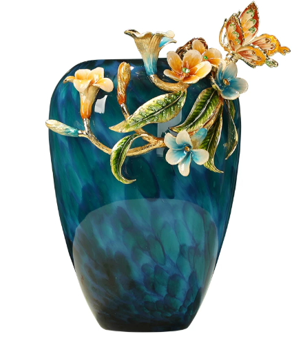 KANPURA Enamelled Glass Art Vase, Vintage Peacock Gradient Blown Glass Vase with 3D Enamel Floral Butterfly, Elegant Table Ornament Gift for Housewarming Wedding