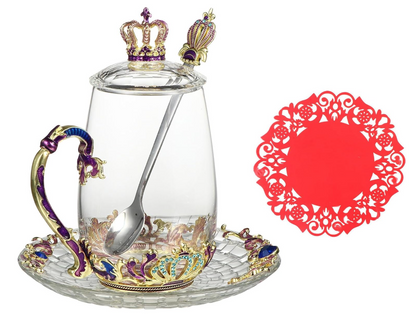 QFkris Enamelled glass, not for building, 370ml Floral Crown Enamel Glass Mug Set with Lid Spoon Saucer, Clear Heat Resistant Coffee Tea Cup Gift for Wedding Birthday Anniversary
