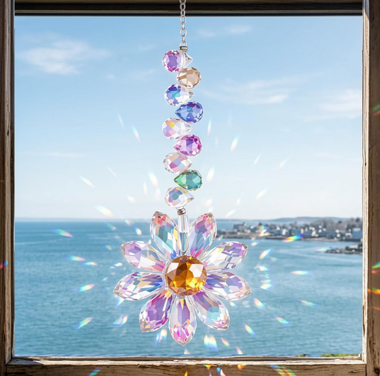 KANPURA Works of art of crystal, AB Iridescent Flower Crystal Suncatcher Hanging Ornament, Multi-Color Prism Crystal Light Catcher, Rainbow Refraction Window Crystal Wall Art Decor