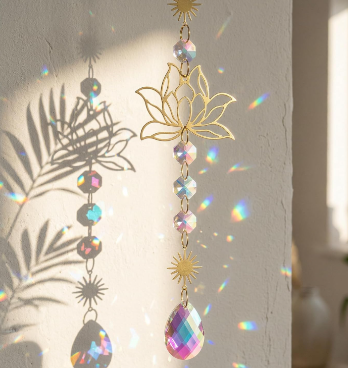QFkris Works of Art of Crystal, Gold Metal Lotus Suncatcher Hanging Ornament, Iridescent Prism Crystal Window Sun Catcher, Boho Light Refraction Wall Art Decor