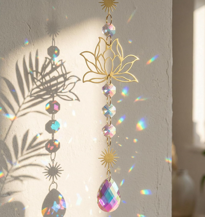 QFkris Works of Art of Crystal, Gold Metal Lotus Suncatcher Hanging Ornament, Iridescent Prism Crystal Window Sun Catcher, Boho Light Refraction Wall Art Decor