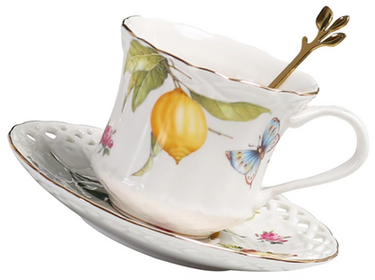 KANPURA Floral Crockery Drinking Cups, Hollow Cutout Porcelain Tea Cup with Matching Saucer, Lemon Butterfly Pattern Bone China Crockery Drinking Cups for Daily Coffee Serving