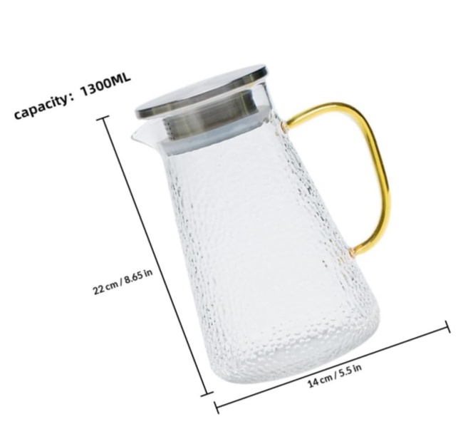 QFkris Glass Pitcher, 1300ml Hammered Textured Water Pitcher with Gold Handle & Stainless Steel Filter Lid, High Borosilicate Clear Glass Carafe for Iced Tea Juice Lemonade