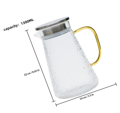 QFkris Glass Pitcher, 1300ml Hammered Textured Water Pitcher with Gold Handle & Stainless Steel Filter Lid, High Borosilicate Clear Glass Carafe for Iced Tea Juice Lemonade