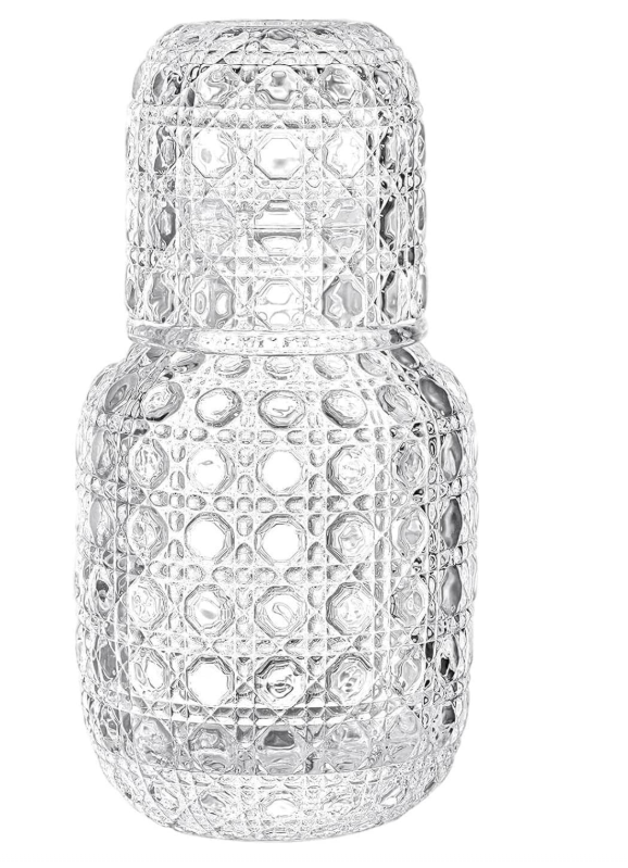 QFkris Embossed Glass Pitchers Set, Vintage Diamond Textured Beverage Carafe with Matching Drinking Cup for Juice Water Whiskey Iced Tea