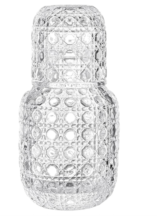 QFkris Embossed Glass Pitchers Set, Vintage Diamond Textured Beverage Carafe with Matching Drinking Cup for Juice Water Whiskey Iced Tea