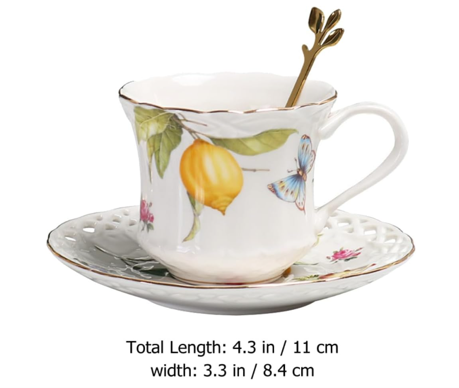 KANPURA Floral Crockery Drinking Cups, Hollow Cutout Porcelain Tea Cup with Matching Saucer, Lemon Butterfly Pattern Bone China Crockery Drinking Cups for Daily Coffee Serving
