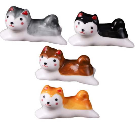 QFkris Adorable Works of Art of Ceramic, 4 Colors Shiba Inu Ceramic Chopstick Rest Set, Hand Glazed Mini Dog Porcelain Tableware Rack, Lovely Gift for Table Decor Lovers