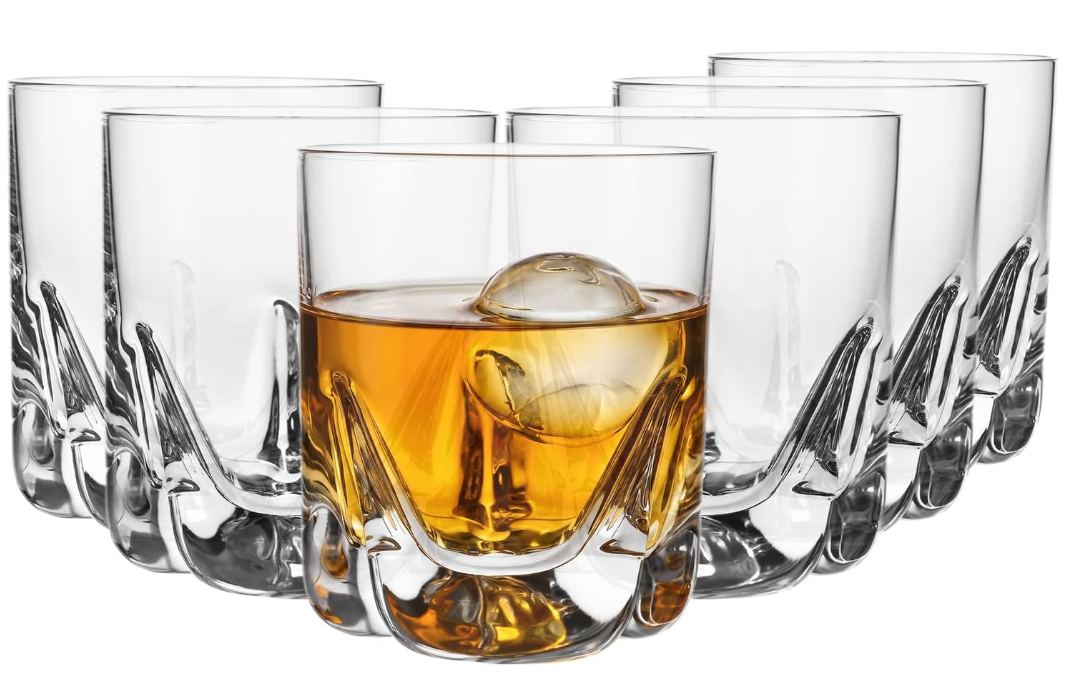 KANPURA Drinking glasses, 250ml Heavy Base Crystal Whiskey Tumblers, Thick Embossed Bottom Clear Glass Cups for Bourbon Scotch Cocktail Water Juice