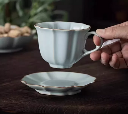 QFkris Premium Crockery Tableware, Handcrafted Petal Shape Celadon Porcelain Cup & Saucer, Elegant Oriental Ceramic Crockery Gift for Tea Lovers