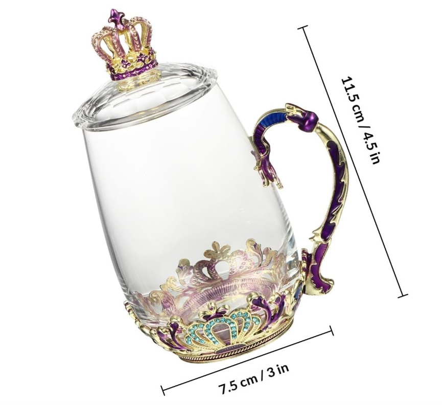 QFkris Enamelled glass, not for building, 370ml Floral Crown Enamel Glass Mug Set with Lid Spoon Saucer, Clear Heat Resistant Coffee Tea Cup Gift for Wedding Birthday Anniversary