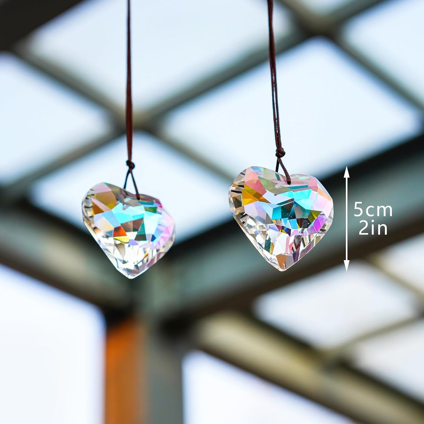 H&D HYALINE & DORA 2PCS 50mm Suncatcher Crystal Heart Prisms Hanging for Windows,AB Color Heart Shape Prisms Rainbow, Glass Chandelier Prism Sun Catcher with Rope